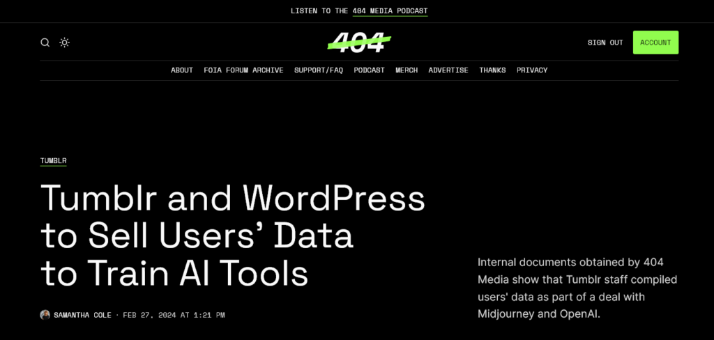 news o sprzedaży danych przez tumblr oraz wordpress (automattic) na stronie 404 Media