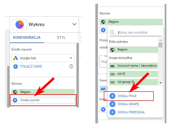 dodawanie wymiaru i pola wymiaru w google looker studio