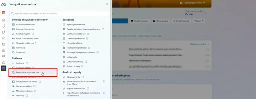 W sekcji reklama w narzędziach meta business suite klikamy Formularze błyskawiczne