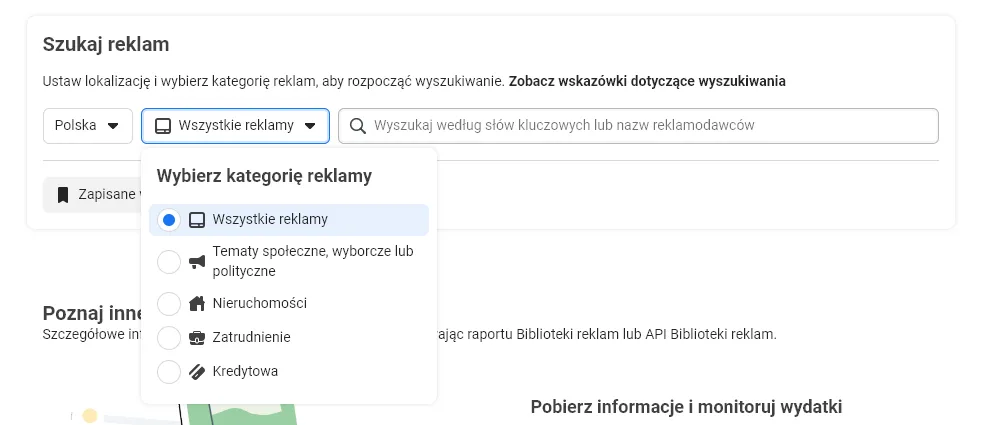 rodzaje kategorii reklam w facebook ad library