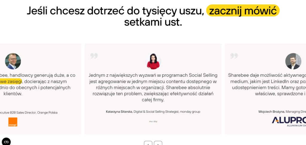 sharebee - opinie na landing page'u