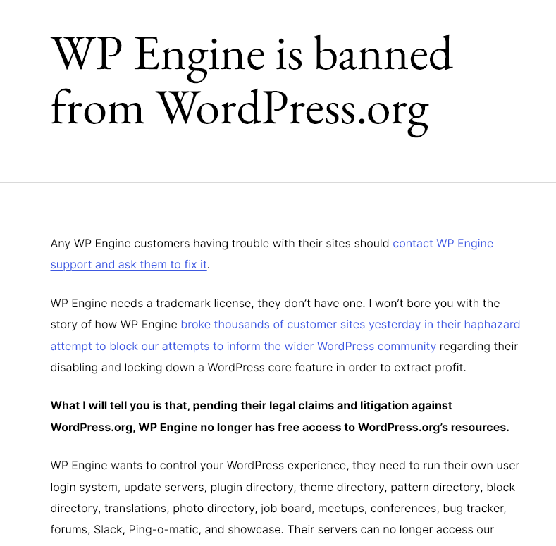 wp engine is banned from wordpress.org