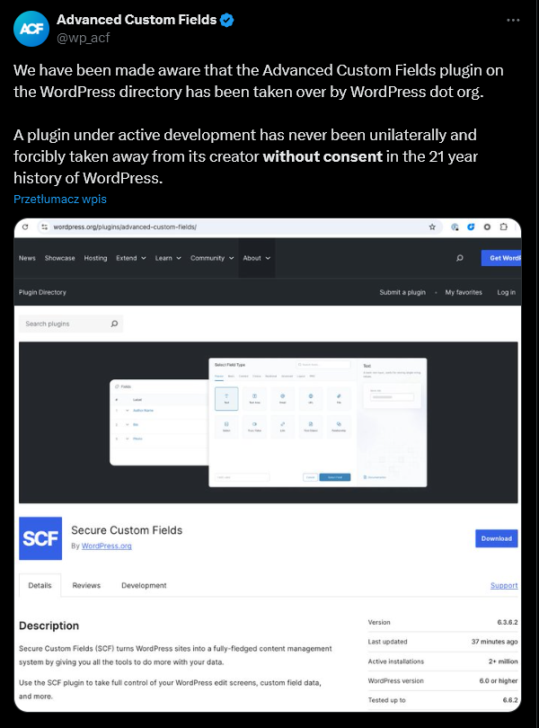 przejęcie ACF przez WordPress i zamiana na SCF